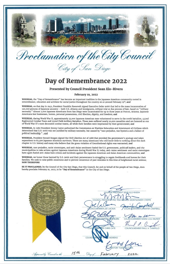Image of Day of Remembrance Citywide Proclamation issued by the San Diego City Council and presented by Council President Sean Elo-Rivera